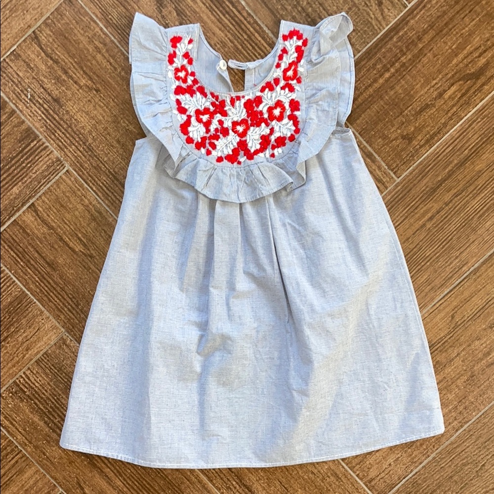 NWOT Charming Gray Kids Dress with Red Floral Embroidery
